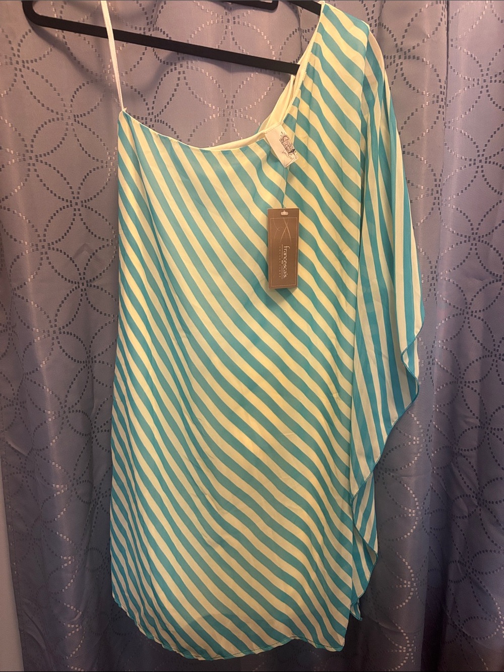 Francesca's Aqua and White Striped One-Shoulder Dress